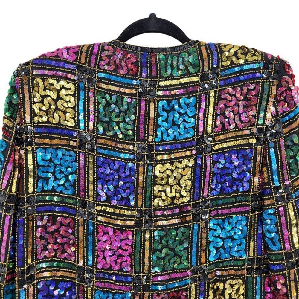 Vtg 80's Leslie Fay Formal Silk Rainbow Geometric Stained Glass Sequin Blazer Sz - Picture 7 of 10
